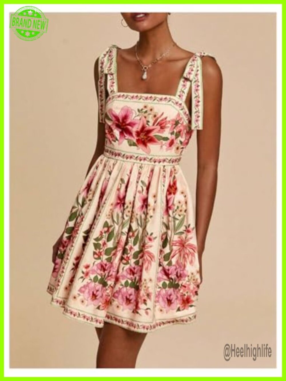 Sleeveless Tie Shoulder Floral Mini Dress Square Neck Ruffle Hem - Picture 3 of 6